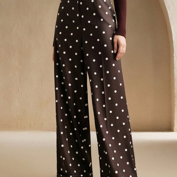 Brown Casual Women's Polka Dot High Waist Drape Suit Pants - Picture 6 of 7